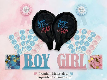Gender Reveal Kit with 2 Giant 36" Balloons, 100 Voting Stickers, Mommy and Daddy to Be Pins, BOY and GIRL Table Signs, Baby Shower Gender Reveal Party Supplies