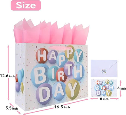wishinside 16.5” Extra Large Happy Birthday Gift Bag Set with Handles, Greeting Card, Pink Tissue Papers and Stickers for Girls Kids Women, Colorful Balloon Design, 1 Pcs