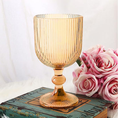 Vintage Wine Glasses Set of 6, 11 Ounces Colored Glass Water Goblets, Colorful Unique Embossed Pattern High Clear Stemmed Glassware Wedding Party Bar Glass Drinking Cups Vertical Line Gold Amber