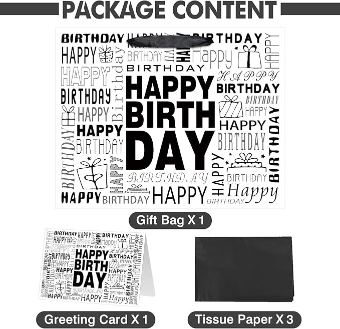 Laidans 13" Large Black and White Happy Birthday Gift Bag with Tissue Paper and Card for Men Women Birthday (Large)