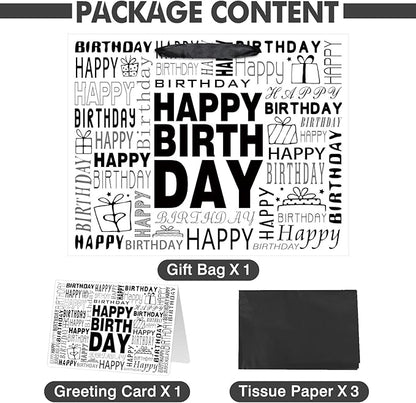 Laidans 13" Large Black and White Happy Birthday Gift Bag with Tissue Paper and Card for Men Women Birthday (Large)