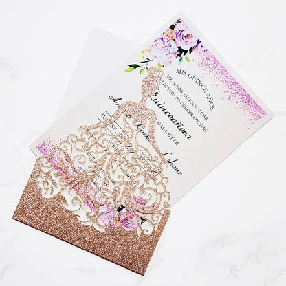 50PCS Personalized Wedding Invitations Cards with Envelopes 5 x7.3 Inch Laser Cut Hollow Girl Princess Pocket with Envelopes Crown Invitations Cards for Quinceañera Birthday Sweet 16, Party Invite (Rose Gold Glitter)
