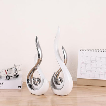 2PCS Abstract Art Ceramic Sculptures, Modern Decor Figurines for Living Room Decorative Objects, Sculptures Home Decor Set for Table, TV Stand, Entryway, Bookshelf Display (White Silver)