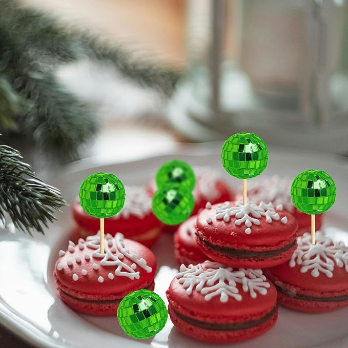 24 PCS Green Disco Ball Cupcake Toppers, Mini Disco Ball Cake Toppers Disco Theme Cake Decorations for St Patricks Day 70s Disco Party Summer Tea Party Decorations