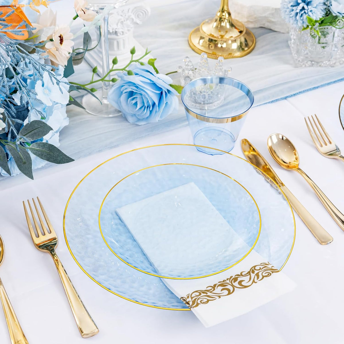 Rubtlamp 350 Pcs Clear Blue Plastic Plates, Blue Gold Plastic Dinnerware Set (50 Guests), Blue Disposable Plates With Gold Rim, Hammered Party Plates Set for Christmas Wedding And Party