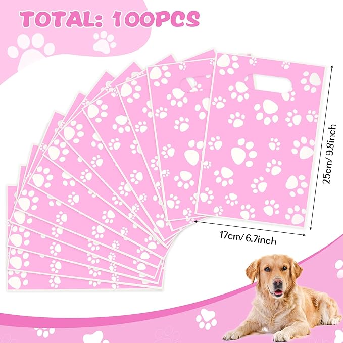 Pasimy 100 Pcs Dog Paw Gift Bags Bulk Pet Paw Puppy Plastic Treat Favor Candy Goodie Bags with Handle for Dog Birthday Party Decoration Supplies(Pink,White)