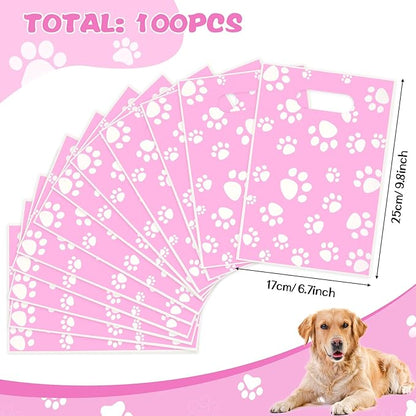 Pasimy 100 Pcs Dog Paw Gift Bags Bulk Pet Paw Puppy Plastic Treat Favor Candy Goodie Bags with Handle for Dog Birthday Party Decoration Supplies(Pink,White)