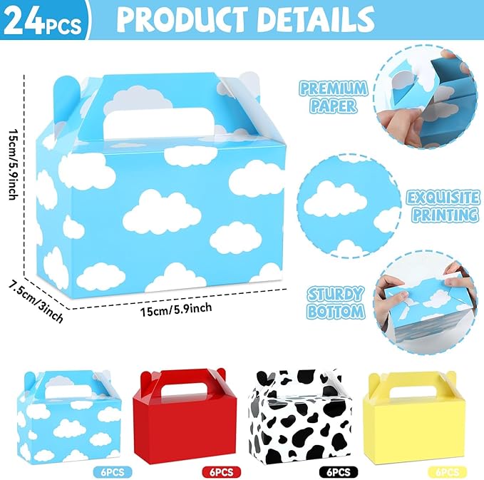 24Pcs Cartoon Story Birthday Party Favor Boxes for Toy Inspired Game Story Party Decorations Cow Print Sky Blue Cloud Treat Boxes Toy Party Goodies Boxes for Kids Baby Shower Party Supplies 5.9×5.9×3