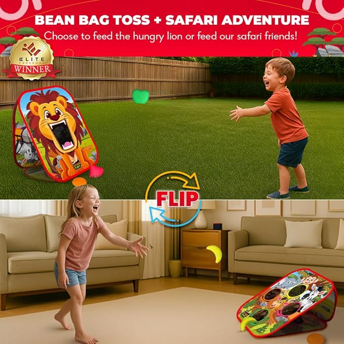 Swooc Games - Safari Sling | 2-in-1 Bean Bag Toss Game for Kids | 5-Second Setup Kids Cornhole Game Set | Outdoor Toddler Activities | Backyard Party Games | Corn Hole Set Toddler Bean Bag Toss