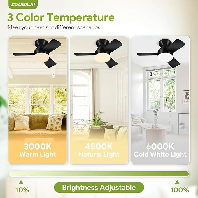 26" Black Ceiling Fans with Lights and Remote, Low Profile Ceiling Fan with Light, Reversible DC Motors, 3CCT Dimmable Timer Noiseless, Flush Mount Ceiling Fan for Bedroom/Living Room