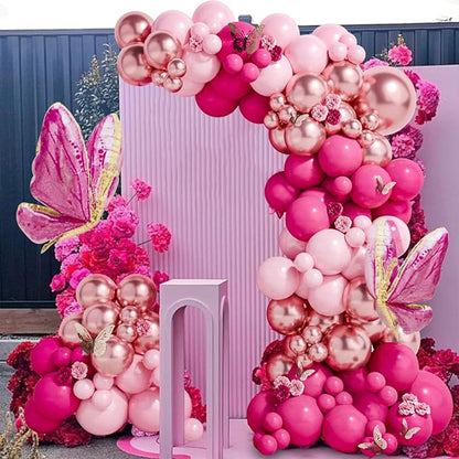 Pink Butterfly Balloon Arch Garland Kit 112pcs Pastel Pink Rose Gold Balloons with 2pcs Butterfly Foil Balloons for Birthday Party Decorations Baby Shower Decorations for Girls