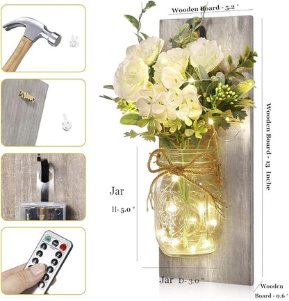 Wall Decor Mason Jar Sconces - Home Decor Wall Art Hanging Design with Remote Control LED Fairy Lights and White Rose, Farmhouse Wall Decorations for Bedroom Living Room Lights Set of Two