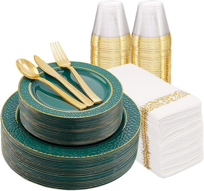 FLOWERCAT 175PCS Marrs Green Plastic Plates with Gold Rim&Christmas Plates&Green and Gold plastic Plates&Gold Plastic Silverware - Ideal for Wedding,Spring Party,St. Patrick's Day