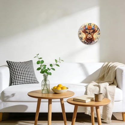 peacoblue Wall Clocks Battery Operated 12 Inch Highland Cattle with Flowers Glass Round Wall Clock Non Ticking for Kitchen Living Room Dining Room Bedroom and Bathroom Decor (Battery not Included)
