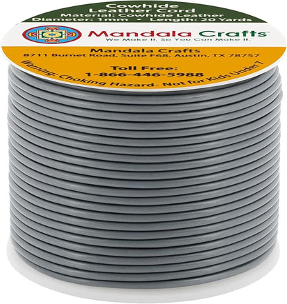 Mandala Crafts Round Cowhide Genuine Gray Leather Cord for Jewelry Making Kumihimo Leather Rope Spool - Gray String Lace - 20 Yds 1mm Cording