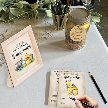 Classic The Winnie Bear Guess How Many Honeycombs Game- Perfect for Baby Showers, Newborn Parties & Birthdays Decorations | Wood Frame + Sign + Guest Game Card - 40 Pcs Set