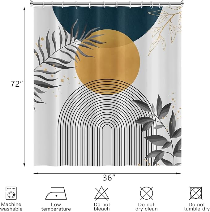 Boho Mid Century Shower Curtain, Orange Blue Modern Minimalist Abstract Geometric Gold Plant Leaves Arch Bathroom Curtains Waterproof Fabric Buthtub Curtain Set with Hooks 36" Wx72 L