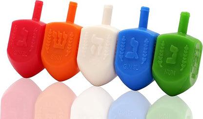 The Dreidel Company 10 Bulk Pack Multi-Color Plastic Hanukkah Dreidels with English Transliteration - Includes Game Instruction Cards (10-Pack)