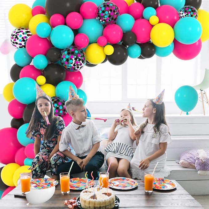 Rose Red Teal Blue Black Yellow Balloon Garland Kit - 122PCS Teal Blue Balloons Black Hot Pink Black Yellow Balloons for Neon 70S 80S Music Birthday Retirement Engagement Graduation Party Decor