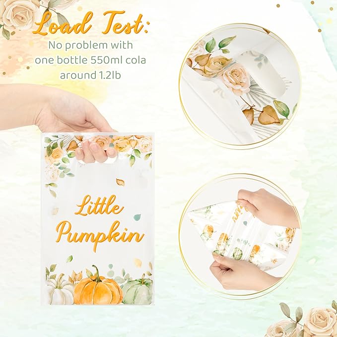 Haooryx Sage Green Pumpkin Party Favor Bag - 50 Pcs Little Pumpkin Plastic Goodie Candy Treat Bag with Handle Gift Wrap Decoration for Kids Birthday Baby Shower Halloween Decoration Party Favor Supply