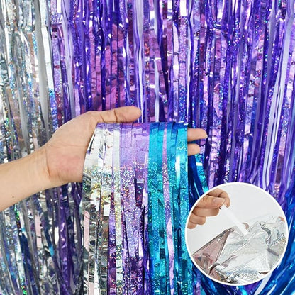 BEISHIDA 3 Pack Streamers Fringe Foil Curtain Backdrop Curtain, Tinsel Curtain Wall Door Party Streamers for Birthday Party Decoration-Silver Blue Purple (3.28 ft x 6.56 ft)