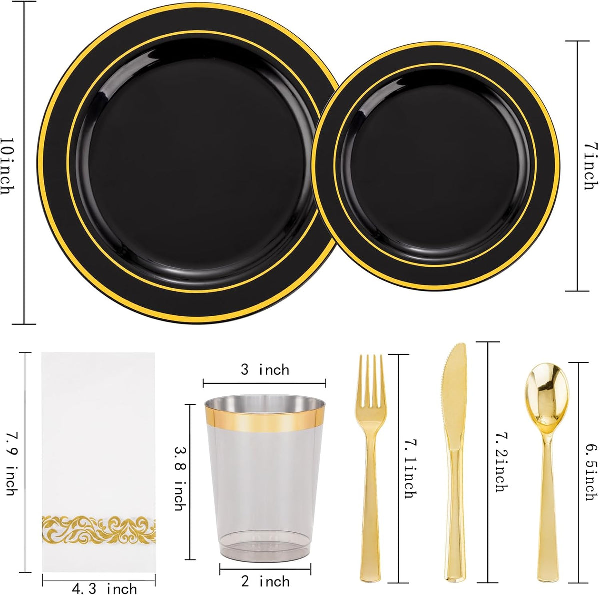 Supernal 800PCS Black and Gold Disposable Dinnerware Set Include 100 Dinner Plates&100 Dessert Plates,100 Knives,200Forks,100Spoons,100Cups,100Napkins for Party&Birthday