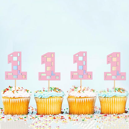 Ercadio 24Pcs Pink Number 1 Cupcake Toppers Checkered Pink One Cupcake Picks for Smiley Assorted Racing Car Theme Baby Girls 1st Birthday Party Cake Decoration Supplies