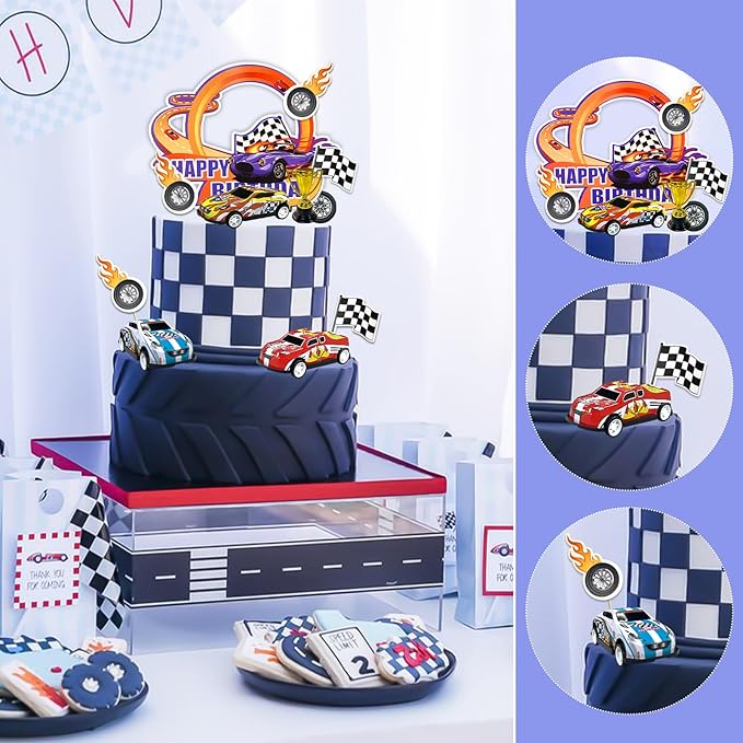 MEMOVAN Race Car Birthday Cake Decoration 24PCS Racing Car Cake Toppers Checkered Flag Cars Cake Cupcake Decorations for Man Boy Kid Racing Cars Theme Birthday Supplies Party Favors
