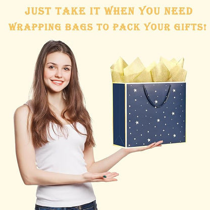 SHIPKEY 12 Pack Navy Star Gift Bags with Gold Frame, 12.5x4.5x11 Inches Large Paper Bag with Ribbon Handles, Star Shopping Bags (32x11.5x28 cm)