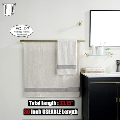 JQK Double Bath Towel Bar, Brushed Gold 33 Inch 304 Stainless Steel Thicken 0.8mm Towel Rack for Bathroom, Towel Holder Wall Mount, Useable Length 30 Inch, TB100L30-BG
