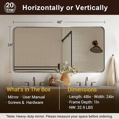 ANDY STAR 24x48'' Brushed Nickel Bathroom Vanity Mirror for Over Sinks, Rounded Rectangle Bathroom Wall Mirror in 1'' Rustproof Tube Metal Frame Mirror Decorative Wall-Mounted Horizontal/Vertical