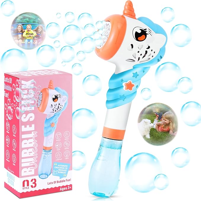 Unicorn Bubble Machine Wand for Kids Toddlers Age 1 2 3 4 5 6 7 8 Years Old Cute Birthday Party Easter Day Gift with Music&Light Baby Outdoor Outside Toy Game for Little Girl Boy Include Solution Blue
