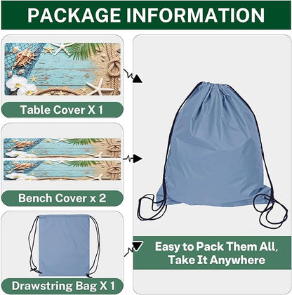 Picnic Table Cover with Bench Covers Elastic Edges, Beach Ocean Fitted Table Cover, Outdoor Patio Camping Essentials 72 Inch 3PCS, Waterproof Camping Fitted Tablecloth with Drawstring Bag