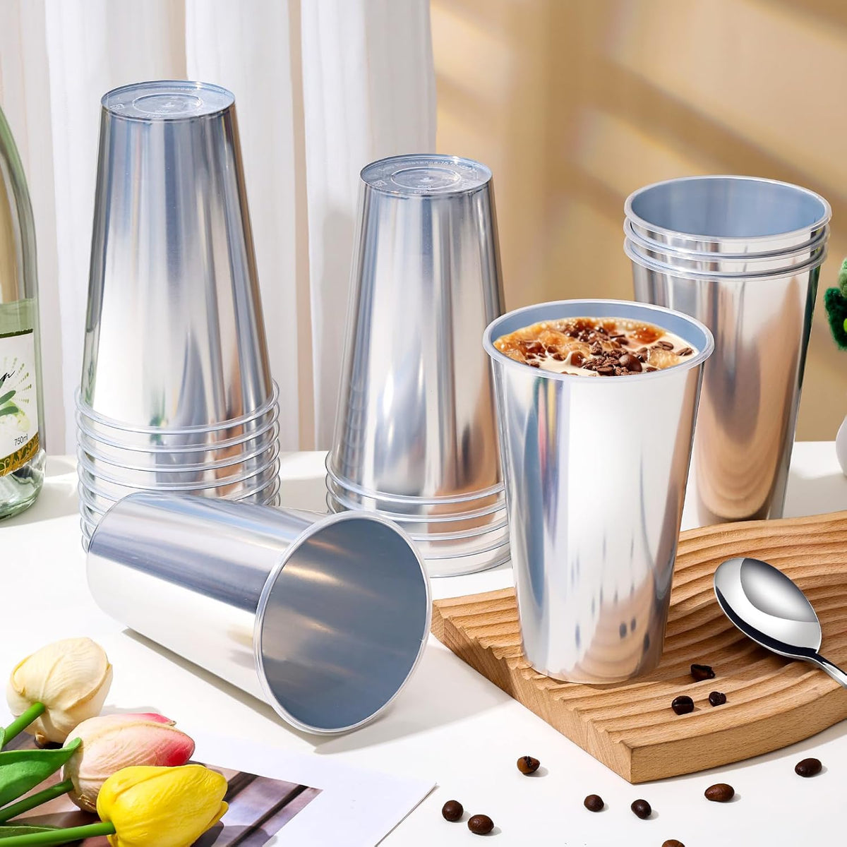 KesaPlan 50PCS Silver Plastic Cups, 16oz Disposable Plastic Tumblers for Party, Fancy Mirorred Silver Cups Bulk for Hot Cold Drinks, Disposable Drinking Glasses for Wedding Birthday Holiday Events