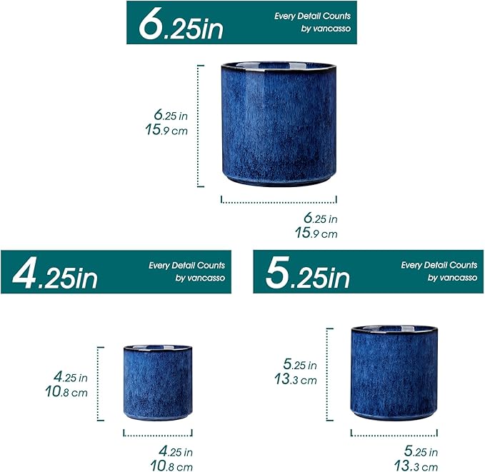 vancasso Ceramic Plant Pots, 4.25+5.25+6.25 Inch Planter Pot with Drainage Hole, Flower Pots for Indoor Outdoor Plants, Set of 3, Blue