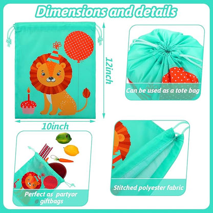 Kinlop 16 Pack Drawstring Party Favor Bags for Kids Birthday Party School Drawstring Candy Goody Bag with Cartoon Animal Designed for Baby Boys and Girls (8 Styles)