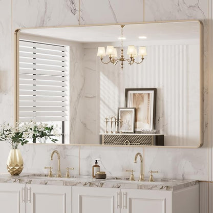 LOAAO 50”X30” Gold Bathroom Mirror, Rounded Rectangle Gold Frame Mirror, Brushed Gold Bathroom Vanity Mirror Wall-Mounted, Anti-Rust, Tempered Glass, Hangs Horizontally or Vertically