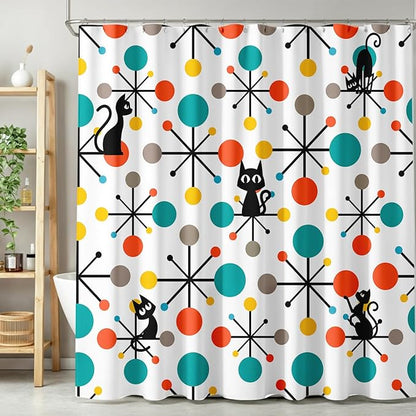 Mid Century Modern Cat Shower Curtain,Atomic Starburst Geometric Diamond Pattern Shower Curtains Set for Bathroom Fabric Decorative Bath Curtain Washable Curtain Hooks, 72x72”