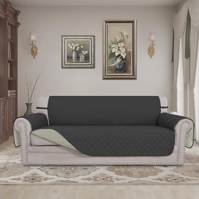 Easy-Going Reversible Oversized Couch Cover for 3 Cushion Couch Sofa Cover for Dogs Water Resistant Furniture Protector Cover with Foam Sticks for Pet (Oversized Sofa, Darkgray/Beige)