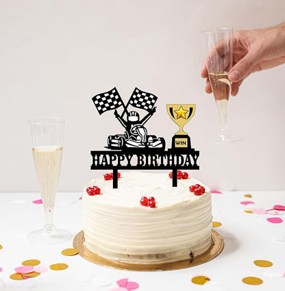 Karts Race Birthday Cake Topper Go Karting Cake Decor Go Kart Theme Cake Decoration Race Flags Cake Ornament Racing Car Checkered Flag Birthday Cake Topper
