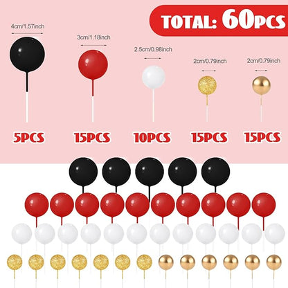 60Pcs Glitter Cake Balls Decorations Foam Cake Topper Balls Mini Balloon Cupcake Toppers for Cake Decorating Birthday Baby Shower Party (Glitter Black Red Series)