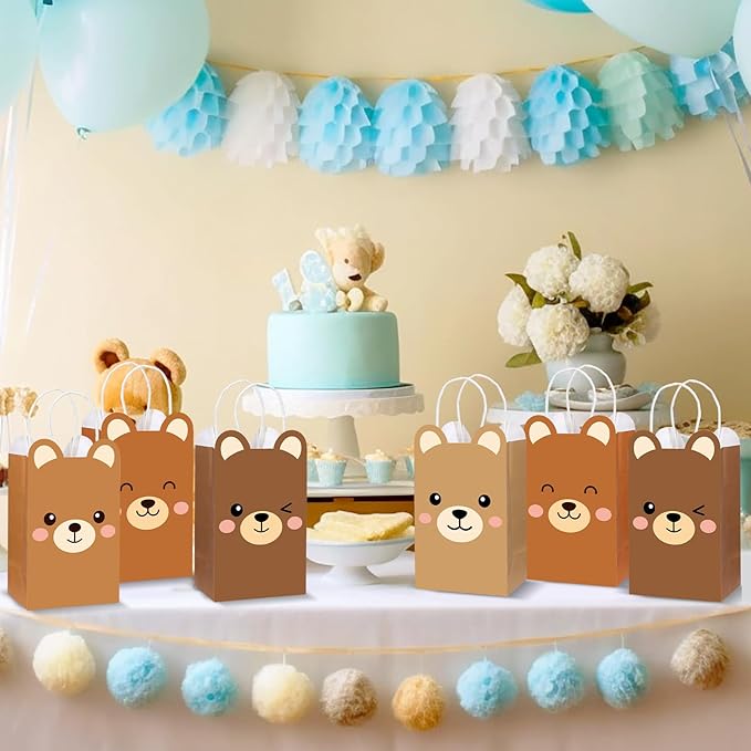 12Pcs Brown Bear Theme Party Favor Bags Bear Shaped Goodie Bags Candy Bag for Bears Birthday Party Decor Cute Bears Gift Treat Bag with Handle for Woodland Parties Kids Boys Girls Baby Shower Supplies