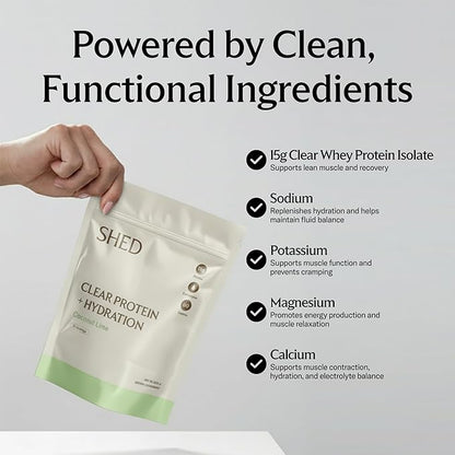 Clear Protein Powder with Electrolytes by Shed, 15g Whey Protein Isolate, Low Calorie and Lactose Free, Light and Clean Hydration Drink, Bloat-Free Post Workout Supplement, Variety Pack (15 Servings)