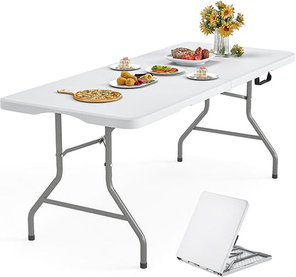 8Ft Foldable Table Portable Plastic Folding Table with Safety Locks, Lightweight & Durable for Parties, Dining, Weddings, Events, Picnics,Indoor & Outdoor Use (White, 8FT)