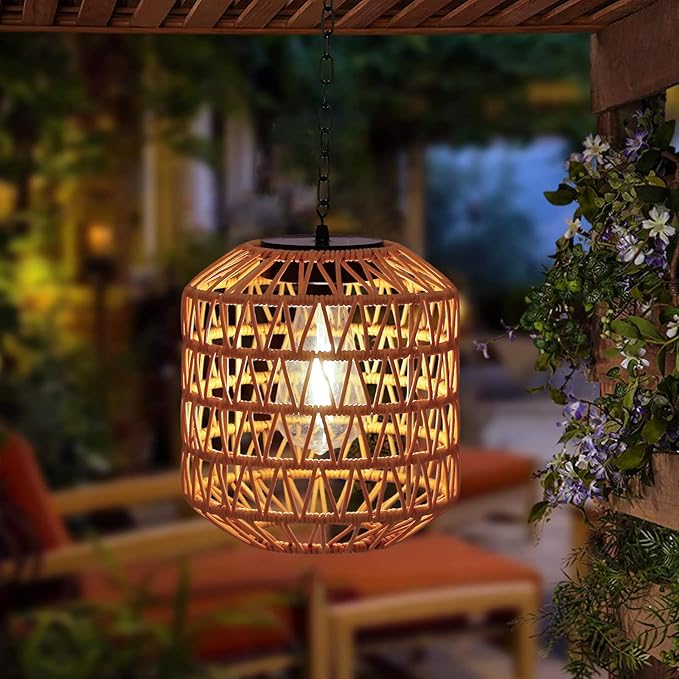 Livinlarge Solar Pendant Light Outdoor,Chandelier Hanging Lantern with Edison Bulb,Boho Solar Powered Lamps IP44 Waterproof for Gazebo Tree Porch Yard Porch Patio Garden Backyard Decorative