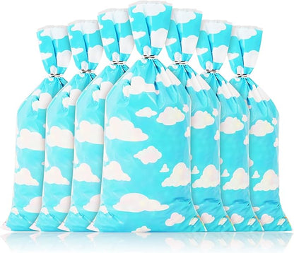 Lecferrarc 100 Pcs Blue Sky White Clouds Treat Bags White Clouds Print Cellophane Candy Bags Cartoon Story Party Favors with Twist Ties for Birthday Party Baby Shower Supplies