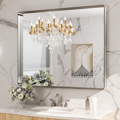 LOAAO 40X36 Inch Brushed Nickel Bathroom Mirror, Rounded Rectangle Silver Metal Frame Mirror, Brushed Nickel, Anti-Rust, Shatter Proof, Hangs Horizontally or Vertically