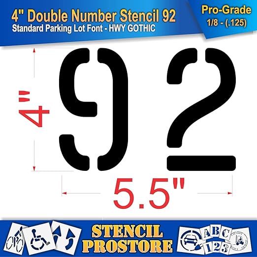 Pavement, Curb, and WheelStop Stencils - 4 inch Double Number Stencil - (92) - 4" x 5.5" x 1/8" (128 mil) - Pro-Grade