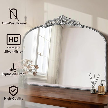 Micasso Large Vintage Silver Mirror: 40"x29" French Baroque Antique Arched Mirror - Traditional Ornate Decorative for Wall/Fireplace/Mantel/Entryway/Bathroom/Hallway - Home Decor for Living Room