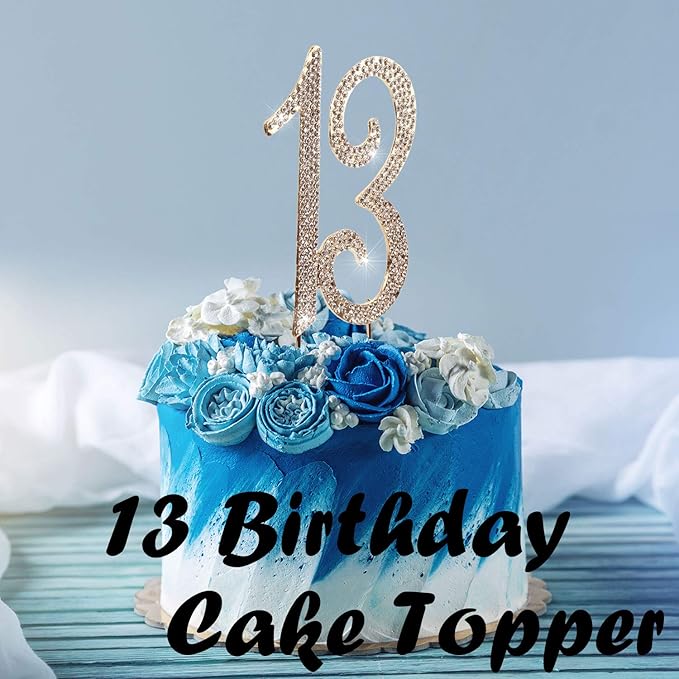 Bling Crystal Rhinestone 13 Birthday Cake Topper - Best Keepsake | 13th Party Decorations Gold